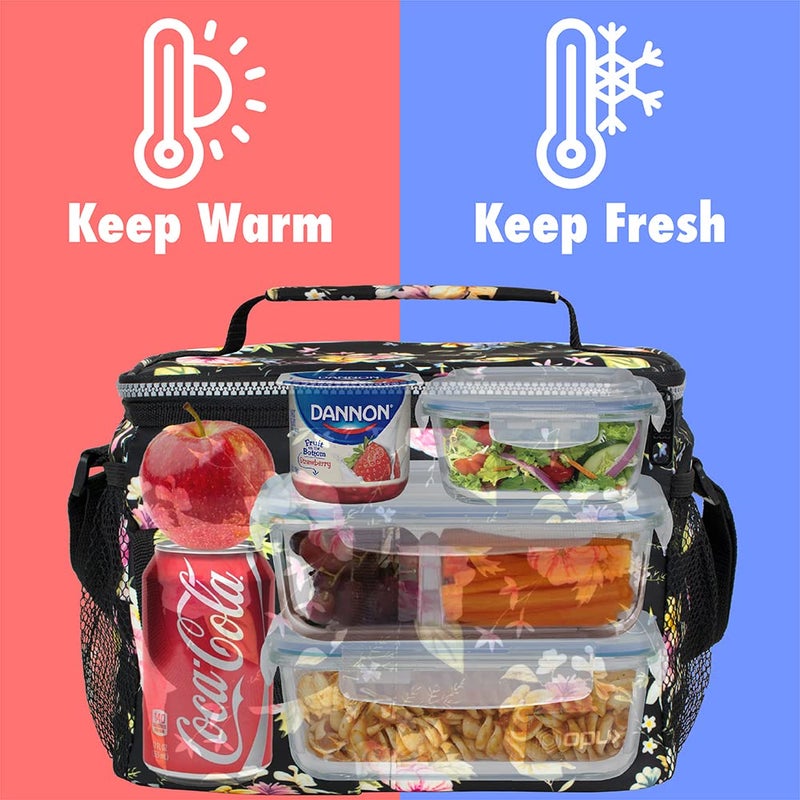 opux Insulated Lunch Bag for Men Women, Leakproof Floral Black Lunch Box for Work, Portable Soft Lunch Cooler Bag with Shoulder Strap, Adult Lunchbox Lunch Pail for Kid Boy Girl School, 14 Can/8L - Image 2